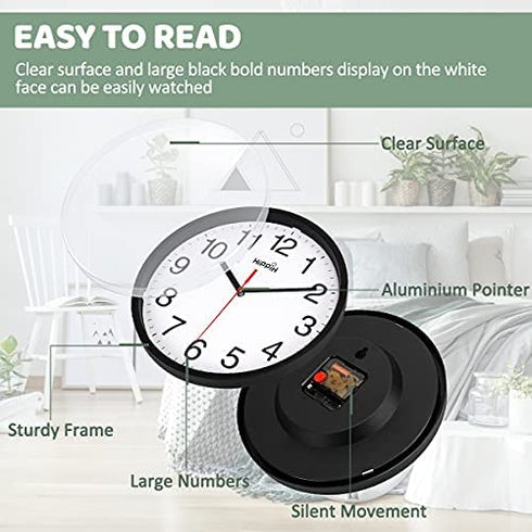 Hippih Clock Black Wall Clock Silent Non Ticking Quality Quartz - 10 Inch Round Easy to Read for Home Office & School Decor Clock
