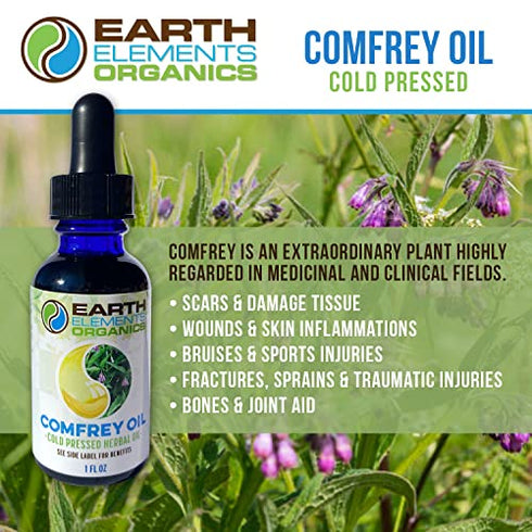 Earth Elements Organics 100% Organic Comfrey Medicinal Herbal Oil, Raw, Non-GMO – Wound Healing, Skin-Cell Regeneration, Scar Reduction, Anti-Inflammatory. Excellent carrier oil.