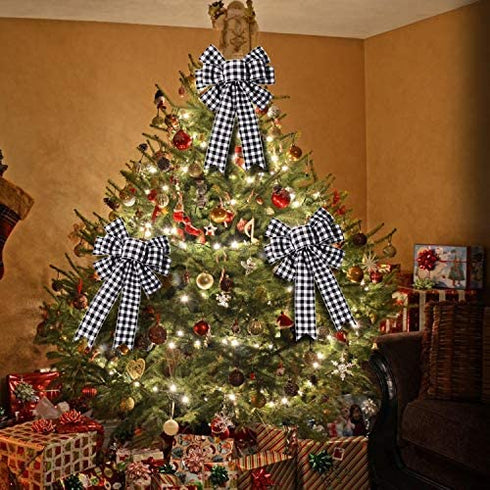 Iceyyyy Large Fall Thanksgiving Christmas Plaid Bow - 16.4x10 Inch Buffalo Plaid Check Swag Wreath Gift Bow Christmas Tree Topper Bow for Home Indoor Outdoor Ornaments (Black and White, 3)