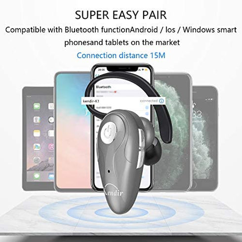 Bluetooth Headset, Kendir V5.0 Ultralight Wireless Headphone Cell Phone Earpiece with Mic Headsetcase, Volume Control, Handsfree Earbud for iPhone, Android,Samsung Smartphone (Gray)