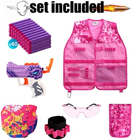 Girls Tactical Vest Kit with Blaster - Kids Pink Tactical Vest Compatible with Nerf Rebelle N-Strike Purple Darts for Girl