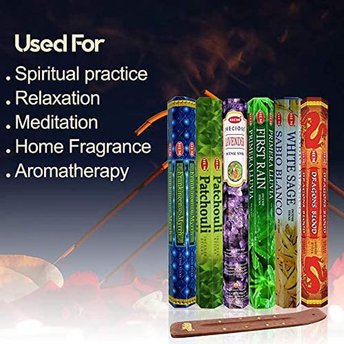 Six Most Popular Hem Incense Scents of All Time, 120 Sticks Total, with Free Burner - 20 Sticks Each of Dragon's Blood, Frankincense & Myrrh, Patchouli, Precious Lavender, First Rain, and White Sage