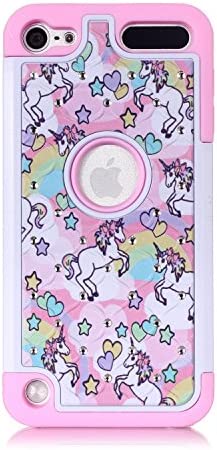 Apple iPod Touch 5,6th Case, iPod 7th Generation Case, Rainbow Unicorn Pattern Shockproof Studded Rhinestone Crystal Bling Hybrid Case Silicone Protective Armor for Apple iPod Touch 5 6th Generation