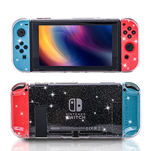Switch Clear Glitter Case, Switch Protective Case with Tempered Glass Screen Protector and Thumb Grip Caps