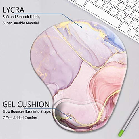 Ergonomic Mouse Pad with Gel Wrist Rest Support, HOMKUMY Cute Mouse Pads with Non-Slip Rubber Base Wrist Rest Pad for Home, Office & Travel Easy Typing & Pain Relief, Pink Marble Mousepad