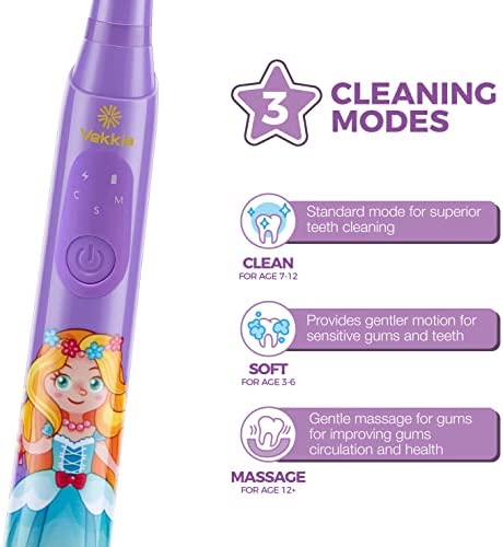 Vekkia Princess Kids Electric Toothbrush, 2 Minutes Timer for Age 3+, 4 Brush Heads, (Rechargeable)