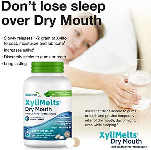 OraCoat XyliMelts Dry Mouth Relief Moisturizing Oral Adhering Discs Mild Mint with Xylitol, For Dry Mouth, Stimulates Saliva, Non-Acidic, Day and Night Use, Time Release for up to 8 Hours, 100 Count