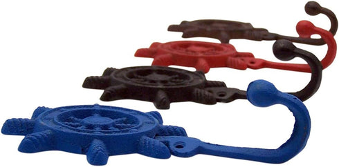 Wowser Rustic Brown, Red and Blue Cast Iron Ship Wheel Wall Hooks, Set of 4, 6 1/2 Inch