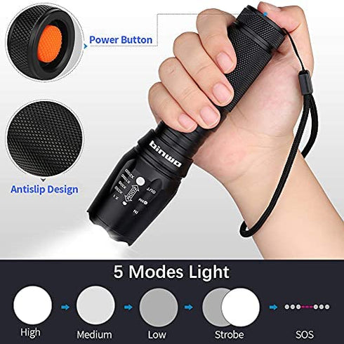 BINWO LED Tactical Flashlight, Super Bright High Lumen XML T6 LED Flashlights Portable Outdoor Water Resistant Torch Light Zoomable Flashlight with 5 Light Modes, 2 Pack