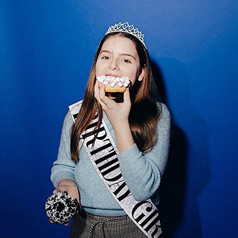 "Birthday Queen" Sash & Rhinestone Tiara Kit - 21st 30th Birthday Gifts Birthday Sash for Women Birthday Party Supplies (Silver Glitter with Black Lettering)