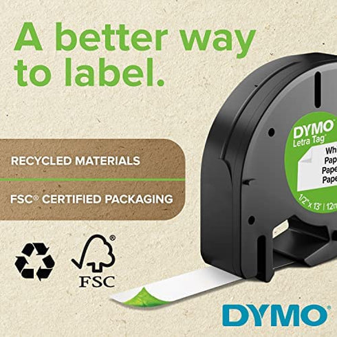 DYMO - SAN91331 91331 LetraTag Labeling Tape for LetraTag Label Makers, Black Print on White Plastic Tape, 1/2'' W x 13' L, 1 Roll