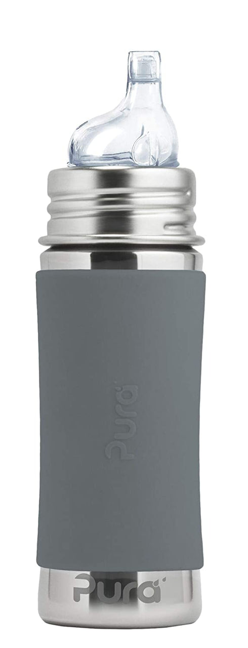 Pura Kiki 11oz/325ml Stainless Steel Sippy Cup Bottle w/ Sleeve, Plastic-Free, MadeSafe Certified, Medical-Grade XL Silicone Sipper Spout Fast Flow Rate for Kids, Toddlers, Babies & Infant - Slate