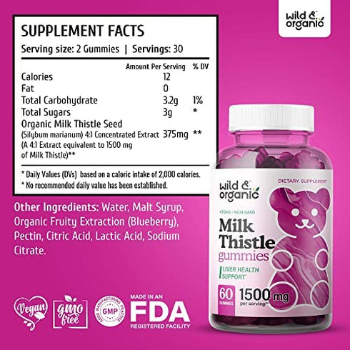 Wild & Organic Milk Thistle Gummies - Liver Cleanse & Repair Liver Supplement - Organic Silybum Marianum Herbal Supplements & Immune Support Gummy - Non-GMO 4:1 Extract - 60 Vegan Chews
