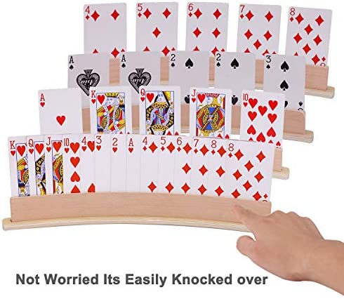 Exqline Wood Curved Playing Card Holder Racks Tray Set of 4 for Kids Seniors Adults - 13.4inch with Widen Base Stable Enough for for Bridge Canasta Foot and Hand