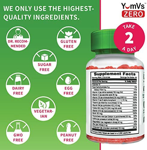 YumVs Diabetic Multivitamin Gummies | Sugar Free Diabetes Supplement Vitamins for Women & Men | Chromium, Thiamine and Magnesium | Natural Raspberry Flavor Chewables - 60 Count