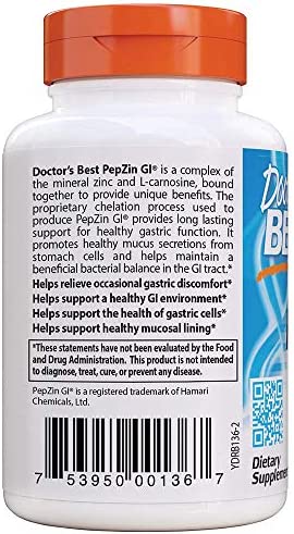 Doctor's Best PepZin GI, Zinc-L-Carnosine Complex, Non-GMO, Vegan, Gluten Free, Soy Free, Digestive Support, 120 Veggie Caps
