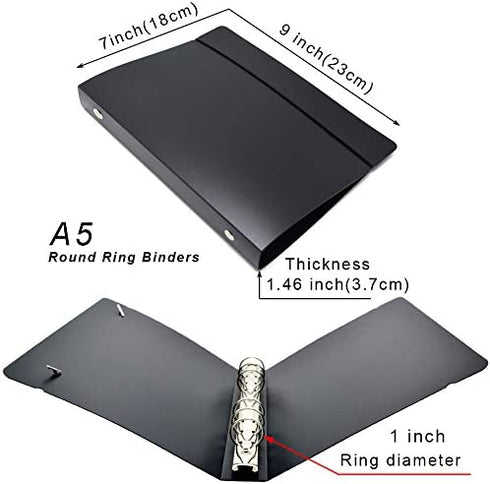 FREUDE A5 6-Holes Round Ring View Binders Black Plastic Cover, Refillable Notebook Journal Binder File Folder, Loose Leaf Sheet Protectors/DIY Scrapbooking/Binder Cover Protector
