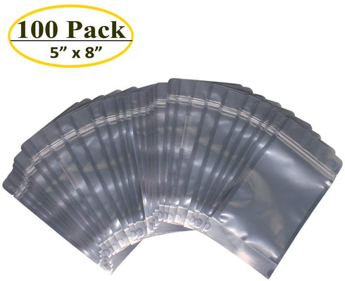 Belinlen 100 Pack 5.5 x 10 Inch Stand Up Pouch Bags Zipper Mylar Bags Clear Front with Aluminum Foil Back Reusable Food Storage Bags for Multipurpose with Gusset Bottom(5.5mil Thickness)