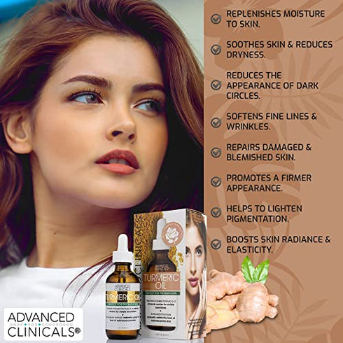 Advanced Clinicals Turmeric Oil Facial Skin Care Serum For Face. Antioxidant Moisturizer Skincare Serum Formula W/ Rose Extract & Jojoba Oil For Dry Skin, Redness, & Skin Blemishes, 1.8 Fl Oz