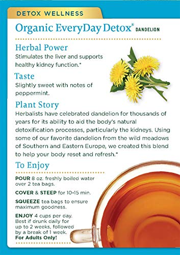 Traditional Medicinals Organic EveryDay Detox Dandelion Herbal Tea, Supports Liver & Kidney Function, (Pack of 2) - 32 Tea Bags Total