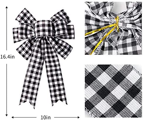 Iceyyyy Large Fall Thanksgiving Christmas Plaid Bow - 16.4x10 Inch Buffalo Plaid Check Swag Wreath Gift Bow Christmas Tree Topper Bow for Home Indoor Outdoor Ornaments (Black and White, 3)