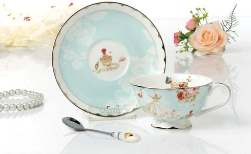 Fine Bone China Tea Cups and Saucers, Pastel Blue Floral Design Coffee Mug Tea Cups Set with Gift Box for Women Mom, 7 Ounces