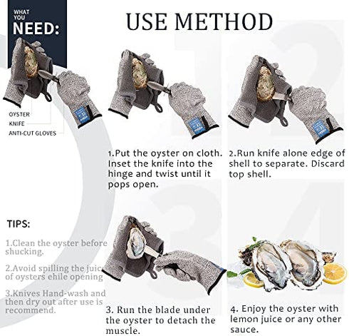 WENDOM Oyster Knife Shucker Set Oyster Shucking Knife and Gloves Cut Resistant Level 5 Protection Seafood Opener Kit Tools Gift(2knifes+1Glove+1Cloth)