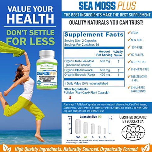 Power By Naturals Organic Sea Moss Plus + Leptin Detox Cleanse | Immune System, Thyroid Support, & Gut Health | Wildcrafted Seamoss Bladderwrack Burdock Root Capsules | 60 Irish Sea Moss Pills