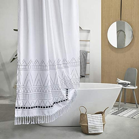 YoKii 36 Inch Boho Stall Shower Curtain with 4'' Long Tassels, Bohemian Nordic Chic Geometric Striped Single Small Bathroom Shower Curtains Set with Hooks (36 x 72, White)