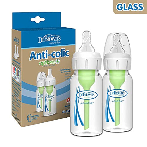 Dr. Brown’s Natural Flow® Anti-Colic Options+™ Narrow Glass Baby Bottles 4 oz/120 mL, with Level 1 Slow Flow Nipple, 2 Pack, 0m+