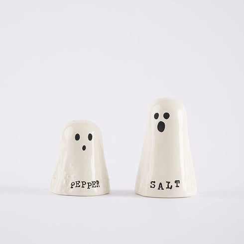 Mud Pie Mid Pie Halloween Ghost Salt & Pepper Set, assembled 3 1/4" x 4 1/2", White