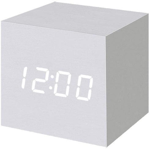 WulaWindy Digital Alarm Clock Wooden LED Light Multifunctional Modern Cube Displays Date Temperature for Home Office Travel-Black (White)