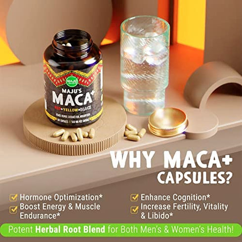 Strong Organic Maca Capsules 60,000 MG Bottle + Black, Yellow, Red Root, w/ Black Pepper Extract for Absorption, Roots Grown in Peru, Peruvian Powder, Men & Women Supplement