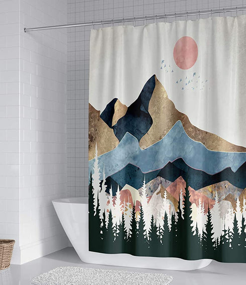 Sorcerer Custom Mountain Forest Tree Shower Curtain Marble Design Nature Landscape Waterproof Fabric for Bathroom Decoration Size 66x72 inch