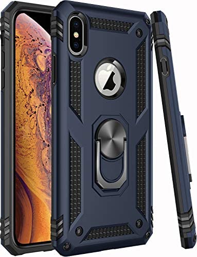 iPhone Xs Max Case with Tempered Glass Screen Protector,iPhone Xs Max Cover Military Grade 16ft. Drop Tested Cover with Magnetic Ring Kickstand Protective Phone Case for iPhone Xs Max Blue