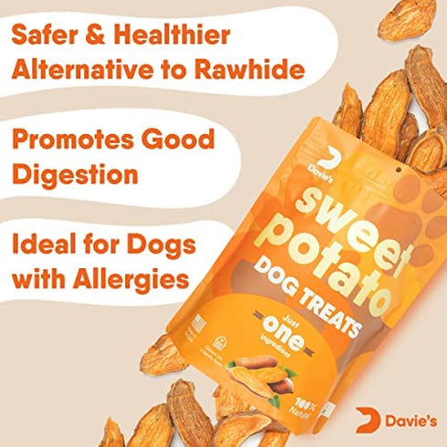 Davie's Sweet Potato Dog Treats, Made in The USA, High in Fiber, Grain Free, Vegan, No Preservatives, Vegetarian Alternative to Rawhide Chews, Rich in Vitamins, Large 0.5 lb. Bag