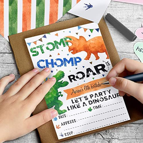 Watercolor Dinosaur Party Invitation Cards - 20 Sets Fill-in Invitations with Envelopes Dino Party Supplies for Boys Birthday Invites Double-sided Printed Eco-friendly T-Rex Cards