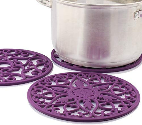 Silicone Trivet ME.FAN 3 Set Silicone Trivet Mat - Multi-Use Intricately Carved Insulated Flexible Durable Non Slip Coasters (Purple)