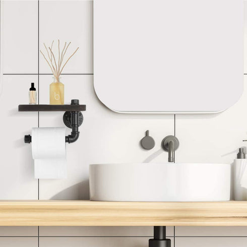 NEX Industrial Toilet Paper Holder, Wall Mounted Toilet Roll Tissue Holder Stand with Wooden Shelf for Bathroom, Espresso
