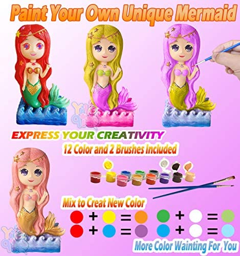 Yileqi Paint Your Own Mermaid Painting Kit, Mermaid Toys Paint Mermaid Crafts and Arts Set for Girls Ages 4 5 6 7 8 9 10 Years Old, Non Ceramic & Non Fragile, Kids Piggy Banks Birthday Gift