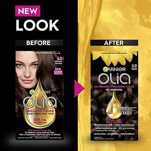 Garnier Hair Color Olia Ammonia-Free Brilliant Color Oil-Rich Permanent Hair Dye, 5.0 Medium Brown, 2 Count (Packaging May Vary)