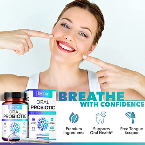 Oral Probiotics for Bad Breath Support, Oral Health Maintenance & Fresh Breath aid - 11 Probiotic Strains, Digestive Enzymes - Supportive Oral Probiotics - Includes Tongue Scraper - 2 Month Supply