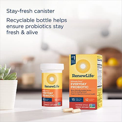 Renew Life Adult Probiotics, 15 Billion CFU Guaranteed, Everyday Probiotic Supplement for Digestive & Immune Health, Shelf Stable, Gluten Dairy & Soy Free, 30 Capsules