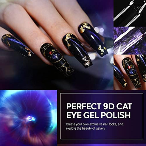 modelones 9D Cat Eye Gel Nail Polish Set - 2 Pcs Black Blue Chameleon Magnetic Galaxy Glitter Galactic Effect Magic Gel Polish with Magnet Stick Soak Off LED Gel Nail Polish Nail Art 7ML