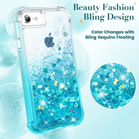 Ruky iPhone 6 6s 7 8 Case, iPhone SE 2020 Case, Glitter Full Body Rugged Liquid Cover with Built-in Screen Protector Shockproof Heavy Duty Girls Women Case for iPhone SE 2022 4.7” (Gradient Teal)
