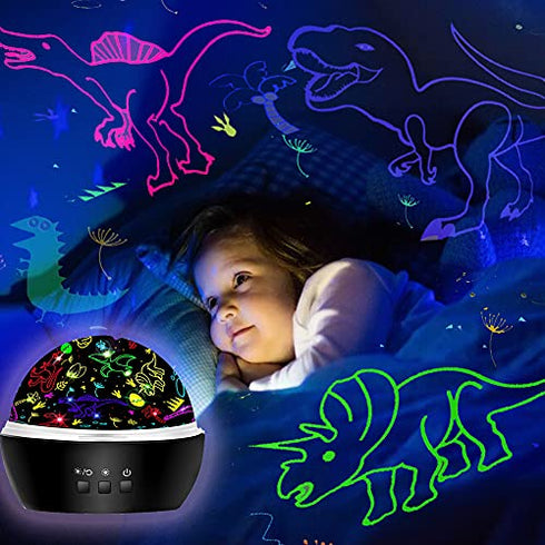 MINGKIDS Kids Night Light Dinosaur and Cars Projector 360 Degree Rotation - 4 LED Bulbs 9 Light Color Changing with USB Cable,Dinosaur Toys Gifts for Boys Girls