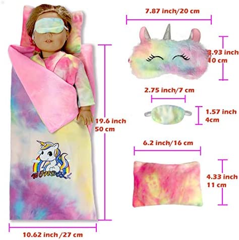 WONDOLL 18-inch Doll Clothes and Doll Sleeping Bag Set with Matching Sleepover Masks & Pillow