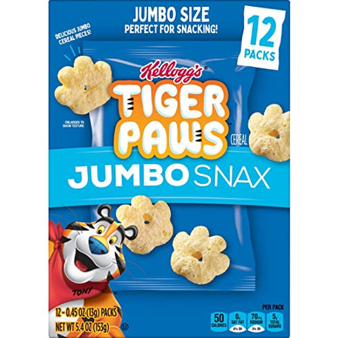 Kellogg's Jumbo Snax Tiger Paws Cereal Snacks, Lunch Snacks, Original, 5.4oz Box (12 Bags)