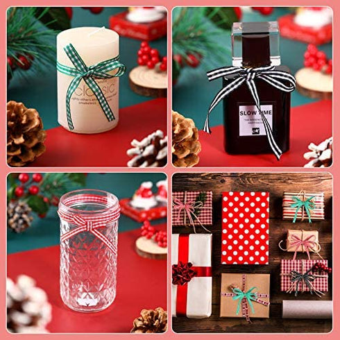 3 Rolls 75 Yards Gingham Ribbon Buffalo Woven Edge Ribbon with 10 M Twine Rope, Taffeta Ribbon Wrapping Plaid Ribbons for Hair Accessories Craft and Christmas Wrapping (4 Pieces)