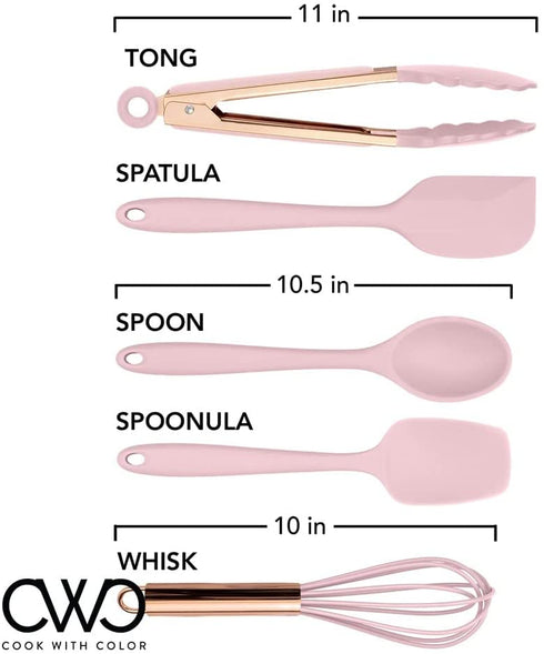 Cook with Color Silicone Cooking Utensils, 5 Pc Kitchen Utensil Set, Easy to Clean Silicone Kitchen Utensils, Cooking Utensils for Nonstick Cookware, Kitchen Gadgets Set - Pink and Copper